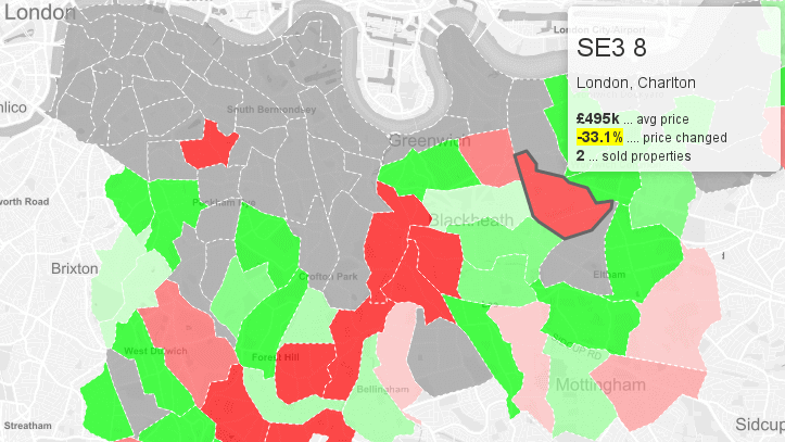 Property price change in South East London