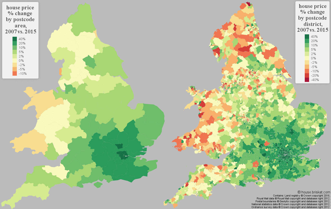 Heat map of England house prices growth 2007 compared to 2015